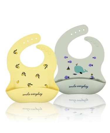 Baogaier Bibs Silicone Baby 2 PCS Waterproof Weaning Bib for Babies Toddlers with Food Catcher Pocket Soft Easy Wipes Clean Bibs Plastic for Feeding Newborn Boy Girl Yellow Grey (Whale Lemon) Whale Lemon