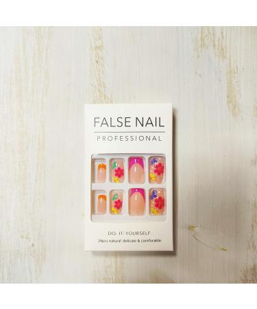 Colorful Flower Short Square Press on Nails - 24Pcs A11 | Full Cover Acrylic False Nails for Women - Buy Online on GoSupps.com