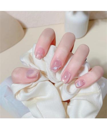 Press on Nails Short Fake Nails 24Pcs Shiny Rainbow False fingernail with Self-Adhesive Jelly Nail Glue Tabs Press On False Nails