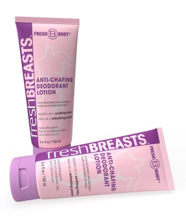 Fresh Body FB Breasts Anti Chafing Deodorant Lotion to Powder 3.4oz (Pack of 2) - Anti Chafe Cream Whole Body Deodorant for Women Inner Thighs & Areas that Sweat No Talc Aluminum and Fragrance 3.4 Fl Oz (Pack of 2)