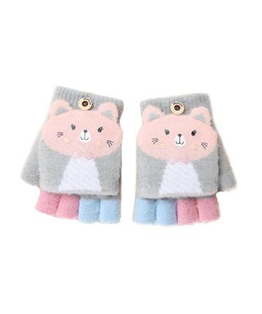 Toddler Kids Puppy Flip Top Short Knitted Half Finger Gloves for 3-8 Yrs Cat/Grey
