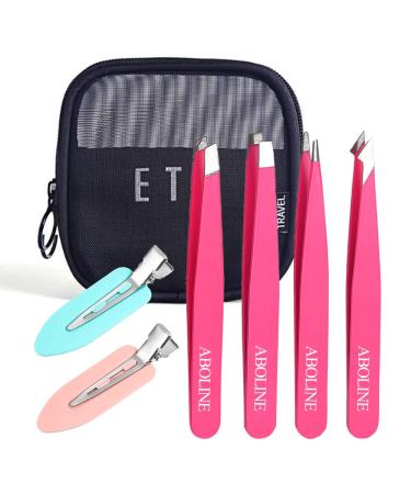 Tweezers Set ABOLINE 4 Pieces Professional Stainless Steel Tweezers  Best Precision Tweezers for Eyebrows  Ingrown&Facial Hair Blackhead and Lash Extension with Travel Bag No Bend Hair Clips(Hot Pink)