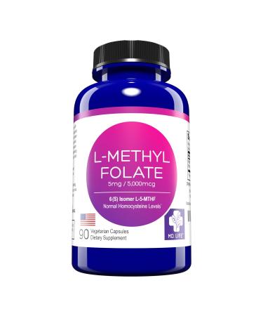 MD. Life L-Methylfolate 5 mg - Active Folate 5 Mthfr Support Supplement Professional Strength Methyl Folate - Essential Amino Acids & Brain Supplement- 90 Vegan Capsules 90 Count (Pack of 1)