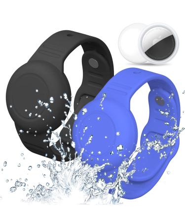 Waterproof AirTag Bracelet for Kids, Wristband for Apple Air Tag Hidden Silicon Holder for Toddler Child Elder GPS Tracking Tagging Watch Band (Black, Blue) 2