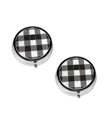 Black and White Plaid Printed Mini Round Pill Box Pill Box 3 Compartment Medicine Pill Case Pill Organizer Travel Pillbox Portable Pill Box for Pocket Home Office Use