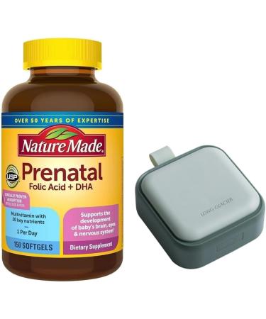 Nature Made Prenatal Multi + dha, 150 Count Softgels Bundle with Long Glacier Pill Oragnizer, Small Cute Pill Container for Medicine, Vitamins, Fish Oils, Supplement, Green