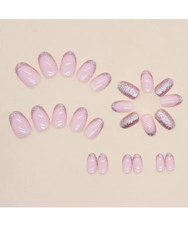 French Pink Glitter Press on Nails | Medium/Short Round Acrylic False Nails with Glossy Finish and Sequin Designs - Women/Girls Stick-on Nail Tips - Buy Online on GoSupps.com