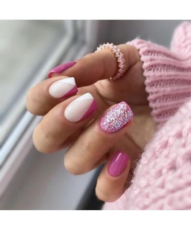 Mouyouglow press on nails short Square white neon pink silver glitter fake nails with nail glue magenta rose red french artificial fingernails Q6