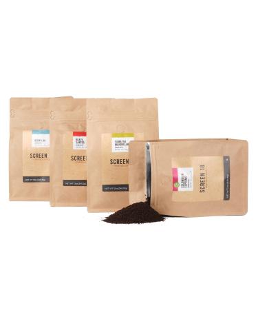Screen 18 Specialty Grade Ground Coffee Gift Set, 4 Bags (12 Oz. Each), Medium Dark Roast Sampler Variety Box Includes 4 Unique Blends