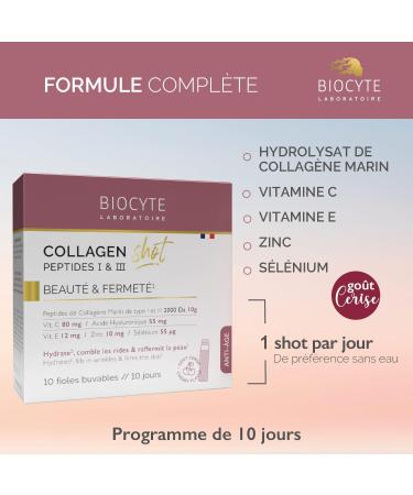 BIOCYTE Collagen Shot - Moisturizes Fills Wrinkles Firms Skin - Marine Collagen Hyaluronic Acid Vitamin C and E Zinc - 1 Vial per Day - 10 Day Program - Buy Online on GoSupps.com