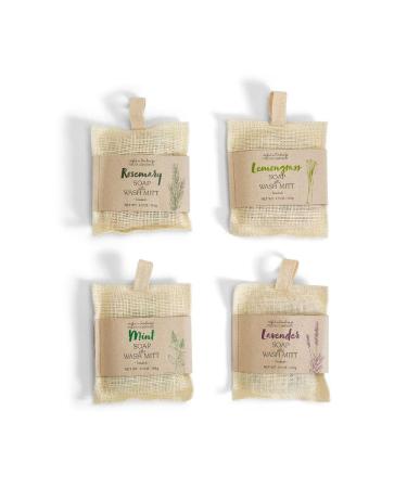 Two's Company Nature's Woven Exfoliant Bath Mitt with Handmade Soap Assortment 4 Scents