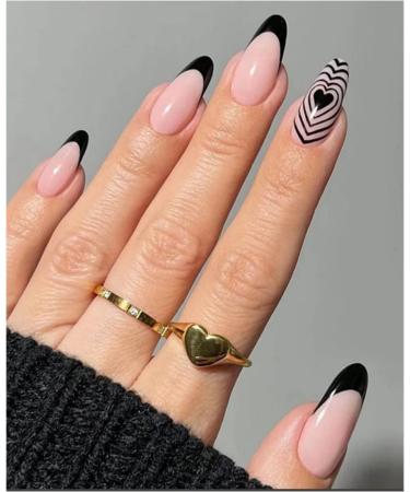 JUSTOTRY 24 Pcs Heart Oval False Nails Short Black French Press on Nails Pattern Funky Nude Fake Nails Short with Nail Glue Almond Stick on Nails for Women Nails Fake Nail for Nails Art Heart&Black1