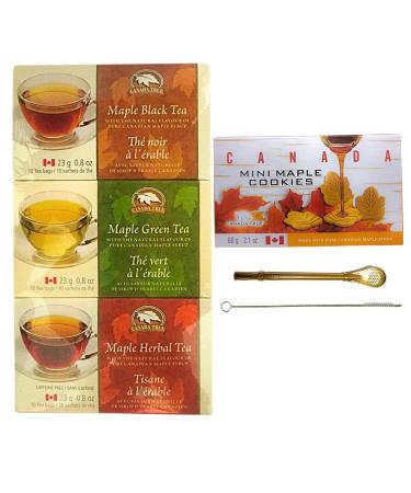 Bundles Central Tea Gift Set - Canada True Assorted Maple Tea Box (Black Green Herbal Rooibos - 23g x 3) Bundle with Mini Maple Cookies (60g) with Multifunction Metal Straw Spoon and Cleaning Brush