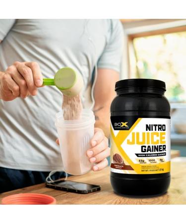 BioX Nitro Juice Gainer | High Protein Weight Gaining Formula | 1000 Calories 53g Protein with Fast & Slow Release Protein Blend 3g Creatine Monohydrate 2g Glutamine 11g BCAAs (1.5KG Chocolate) Chocolate 1.5 kg (Pack of 1) - Buy Online on GoSupps.com