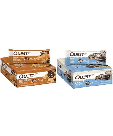 Quest Chocolate Peanut Butter & Cookies & Cream Dipped Protein Bars Bundle High Protein Gluten Free Keto Friendly 24 Count