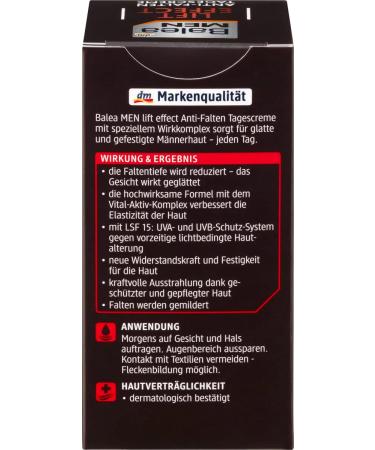 Balea Men day cream antiwrinkle day cream LIFT EFFECT for mature skin reduces wrinkle depth improves skin elasticity SPF 15 50 ml - Buy Online on GoSupps.com