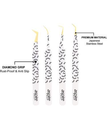 Aspire Beauty 4pcs Professional Nano Fiber Tip Printed Eyelash Extension Tweezers - Premium Japanese Stainless Steel with Diamond Grip - Buy Online on GoSupps.com