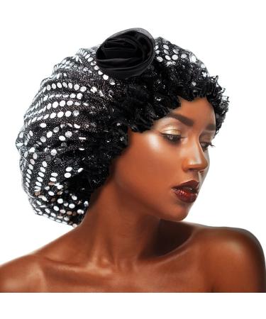 Satin Bonnet Sequins Bling Flower Sleep Cap Large Size Double Layer for Women Braiding Weaves Dreadlocks Curly Natural Hair Black/Silver