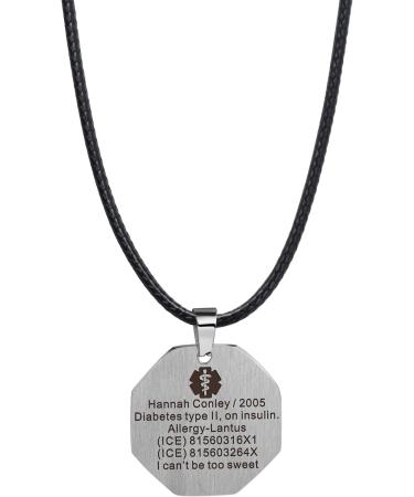Buy Customized Octagon Medical Alert ID Necklace | Free Engraving for Men & Women | Personalized Emergency Jewelry | Wax Cord & Red Symbol - Buy Online on GoSupps.com