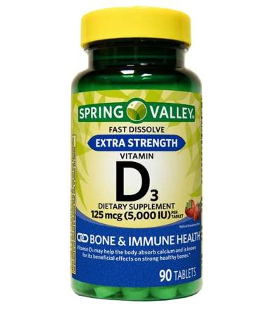 Spring Valley Extra Strength Vitamin D3 Fast Dissolve Tablets Dietary Supplement 125 mcg (5 000 IU) Strawberry Flavor 90 Count - Buy Online on GoSupps.com
