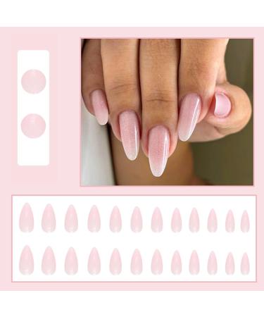 24Pcs Short Almond French Fake Nails - Pink Glitter Elegant Design - Reusable Acrylic Full Cover Press On Nails for Women and Girls - Nail Art Accessories - Buy Online on GoSupps.com