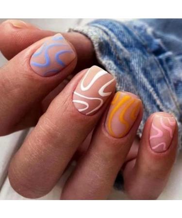 Justotry 24 pieces of swirl angular nails to stick on short colored French press on nails beautiful wavy artificial nails fake nails square fingernails artificial nails for women Pastel & Square2