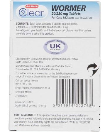 Bob Martin Clear Wormer Tablets for Cats and Kittens over 12 Weeks Old - 2 Tablets - Buy Online on GoSupps.com