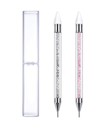 2 Pieces Rhinestone Picker Dotting Pen, Dual-ended Rhinestone Gems Crystals Studs Picker Wax Pencil Pen Crystal Beads Handle Manicure Nail Art DIY Decoration Tool (Pink, White)