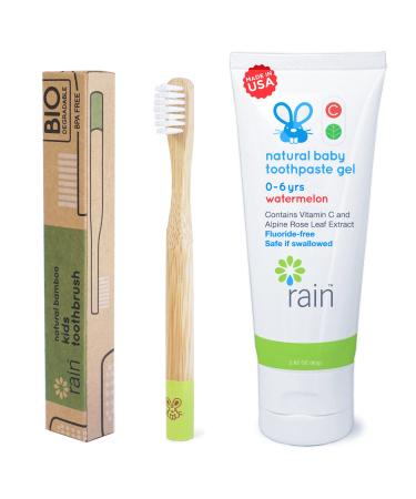 Rain Natural Bamboo Kids Toothbrush Set Fluoride-Free Baby Toothpaste Safe to Swallow with Vitamin C for 6 to 12 Months Up Infant Toddler Toothbrush BPA-Free Biodegradable (1 Toothbrush 1 Toothpaste)