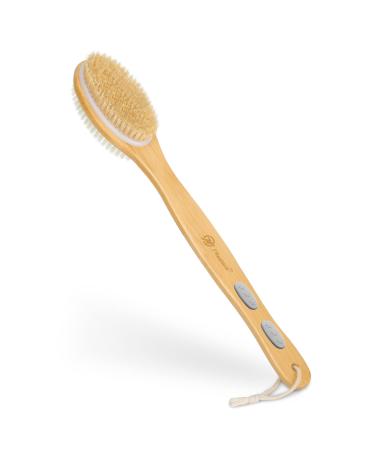 FREATECH Long Bamboo Handle Body Brush Back Scrubber - Dual-Sided Bath Shower Brush with Stiff and Soft Bristles for Wet or Dry Brushing  Exfoliating Skin  Cellulite Removal and Lymphatic Drainage Grey