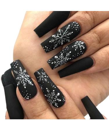 Christmas Party Ballerina Press Nail Black French Coffin Fake Nail Sticker Design Christmas Snowflake Nail Art (Color : 01)