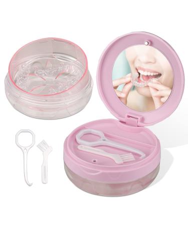Denture Case Leak Proof Denture Bath Case Cup Kit for Travel Cleaning Denture Holder Box Bath Soaking Container for Women & Men with Mirror Strainer Removal Tool and Denture Brush(Pink)