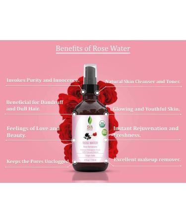 SVA Organics Rose Water USDA Certified (118 ml) 4 Oz | 100% Pure & Natural Refreshing Rose Water Spray for Skin, Bath, Soaps, Haircare - Natural Rose Aroma - Buy Online on GoSupps.com