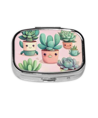Lovely Succulent Plants Printing 2 Compartment Small Pill Case Cute Small Pill Box Purse Pill Boxs Travel Pill Organizer for Pocket Purse and Travel Gifts