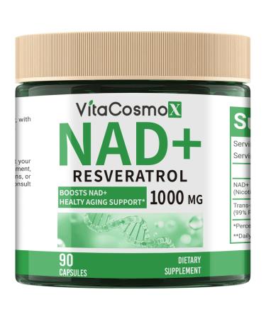 VitaCosmoX NAD+ with Resveratrol Similar to Nicotinamide Riboside Supplement 1000 mg 90 Capsules Vegan Non-GMO