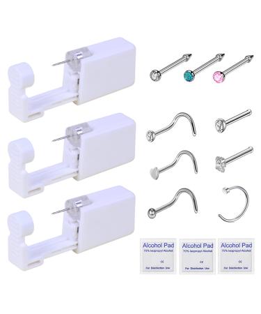 Nose Piercing Kit - 3 Pack Self Nose Piercing Gun, Disposable Safety Nose Percinging Kit with Nose Rings Stud Nose Piercings Gun Kit Tool (white+pink+blue)