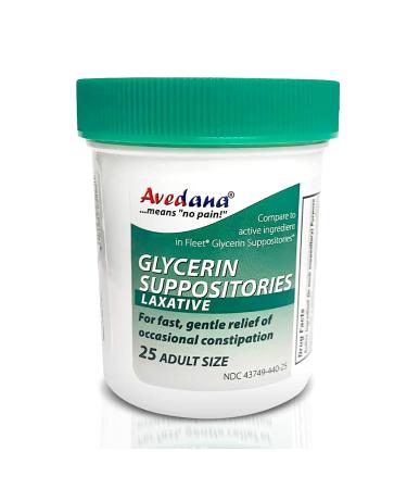 AVEDANA Glycerin Suppositories  25 Adult Size Laxative Suppositories for Men and Women  Fast and Gentle Relief Suppositories for Constipation  Comfortable Shape Adult Suppository 25 Count (Pack of 1)