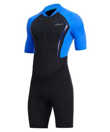Aivtalk Adult 1.5mm Neoprene Main Body Shorty Wetsuit Summer Snorkeling Scuba Diving Suit Long/Short Sleeve for Couple X-Large Men Blue
