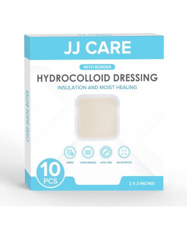JJ CARE Hydrocolloid Dressing Pack 10 2x2 Hydrocolloid Bandages w/Border Self-Adhesive Hydrocolloid Wound Dressing Faster Healing for Bedsores Blisters and Acne 2x2 Inch with Border (Pack of 10)