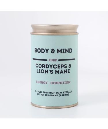 Body & Mind - Pure Organic Lion's Mane & Cordyceps Mushrooms 12:1 Dual Extract - Focus Cognition Energy Endurance - 100% Fruiting Bodies - Add to Water/Tea/Coffee/Smoothies - 125 Grams 4.41 Ounce (Pack of 1)