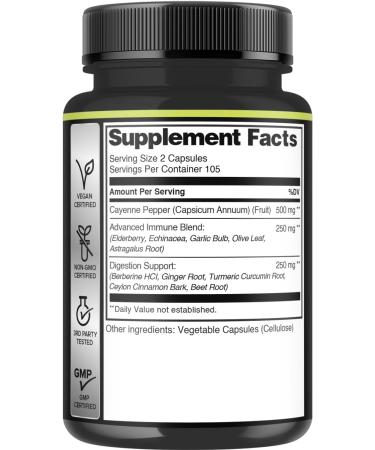 210 Capsules - Cayenne Pepper Supplements Extract 10:1 with Berberine HCI Garlic Bulb Olive Leaf & More - Combined Formula for Digestive Health Heart Health & Immunity Function Support 210 Count (Pack of 1) - Buy Online on GoSupps.com
