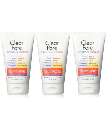Neutrogena Clear Pore Facial Cleanser / Face Mask containing Kaolin & Bentonite Clay Acne Treatment with Benzoyl Peroxide 4.2 fl. oz (Pack of 3)