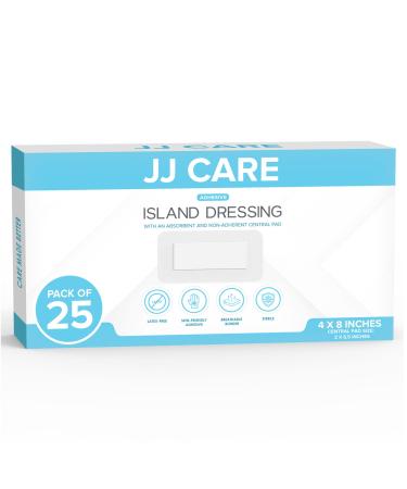 JJ CARE Adhesive Island Dressing Pack of 25, 4x8 Sterile Bordered Gauze, Latex-Free Wound Dressing, Non-Stick Center Pad, Breathable and Highly Absorbent 4x8 Inch (Pack of 25)