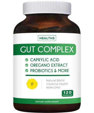 Caprylic Acid, Oregano Oil & Probiotics - Gut Complex - 120 Capsules - Non-GMO Supplement (No Pills)