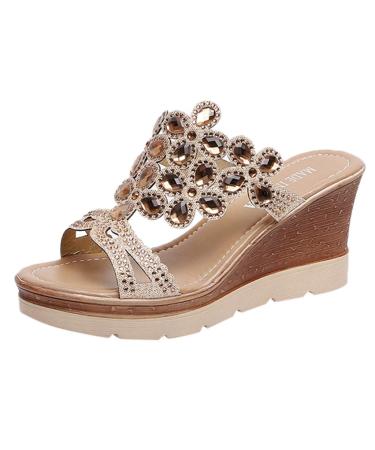 Xtzyglfd sandals women summer slip on women beach toe shoes breathable summer sandals rhinestone wedges women wedges hiking sandals beige 3.5 uk