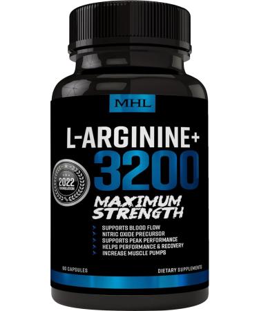 MHL L-Arginine for Men - 3200mg Maximum Strength Nitric Oxide Booster - Helps Blood Flow and Build Pure Protein - 60 Caps