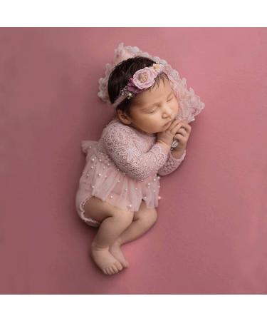 Pink Lace Newborn Photography Outfits Girl Newborn Photography Props Pearl Lace Rompers Newborn Girl Lace Romper Photoshoot Outfits Baby Photo Props (Long Sleeve, Pink, 0-2Months) 04 Pink, Long Sleeve(0-2 months)
