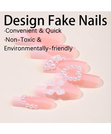 Luxury French Tip Press on Nails - Medium Square Glossy Full Cover with Pearls & 3D Bow Rose Charms - 24 Pcs for Women & Kids - Perfect Manicure Decor - Buy Online on GoSupps.com