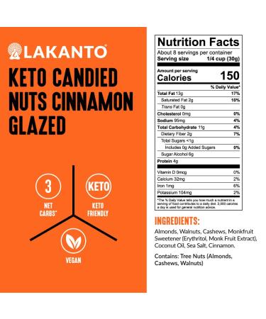 Lakanto Keto Cinnamon Glazed Mixed Candied Nuts - No Sugar Added, Sweetened with Monk Fruit | 3 Net Carbs, Keto Diet Friendly, Vegan | On the Go Snack Anytime - Buy Online on GoSupps.com