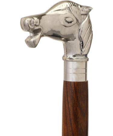 FICUS GIFT Silver Horse Head Rosewood Brown Shaft Cane Wooden Walking Stick for Seniors for Men and Women